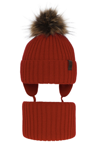 Pojke vinter set: mössa och tubhalsduk, röd, med pompom, Puzel
