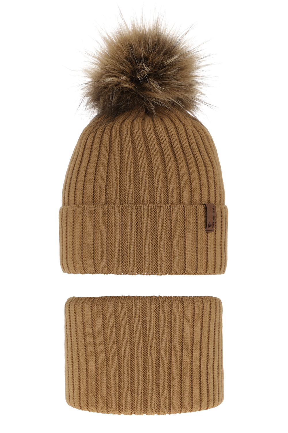 Pojke vinter set: mössa och tubhalsduk, camel, med pompom, Onyks