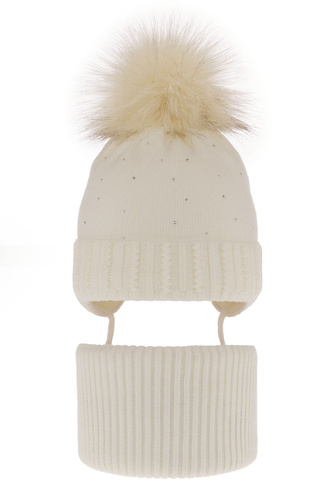 Flicka vinter set: mössa och tubhalsduk, creme, med pompom, Renia