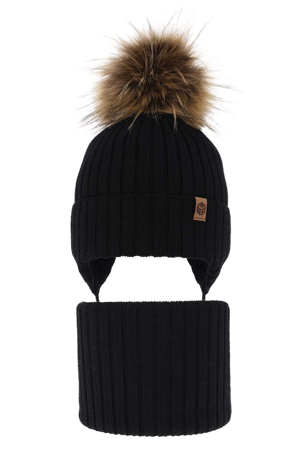 Pojke vinter set: mössa och halsduk, svart, 100% Merino Ull, med knytband, Juno