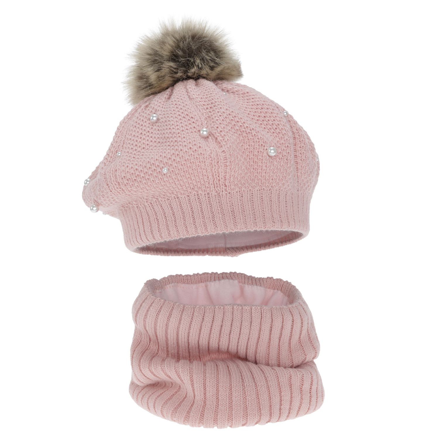Flicka vinter set: beret och tubhalsduk, rosa, fodrad med fleece, med pompom, Jeanette