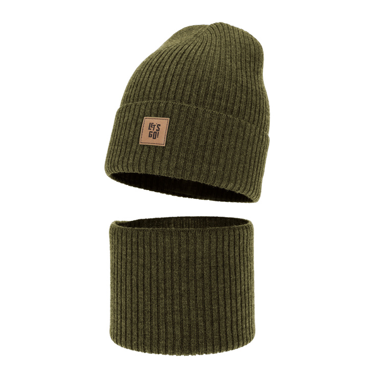 Pojke mössa och tubscarf, höst, vår set khaki 100% merinull Vanto