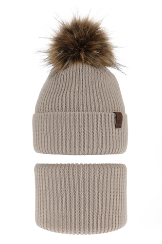Pojke vinter set: mössa och halsduk, beige, med pompom, Modus