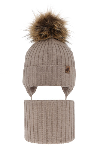 Pojke vinter set: mössa och halsduk, beige, med knytband, 100% Merino Ull, Juno