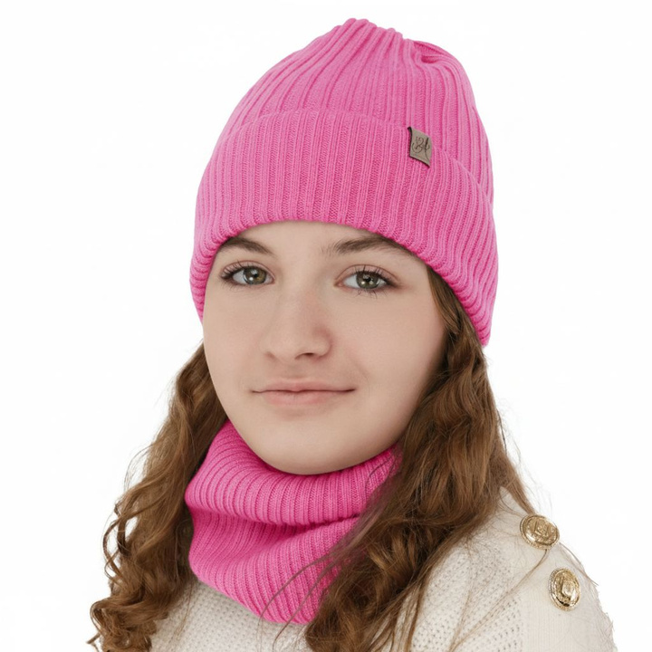 Flicka vinter set: mössa och tubhalsduk, rosa, 100% Merino Ull, Patricia