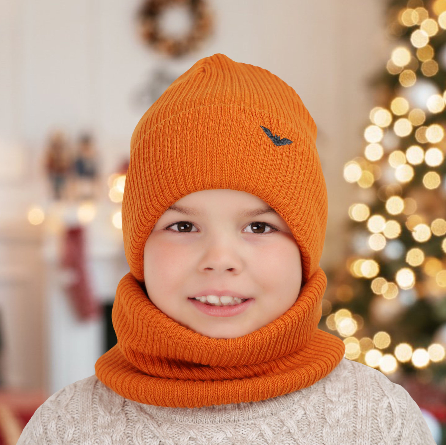 Pojke vinter set: mössa och tubhalsduk, orange, med pompom, Romeo
