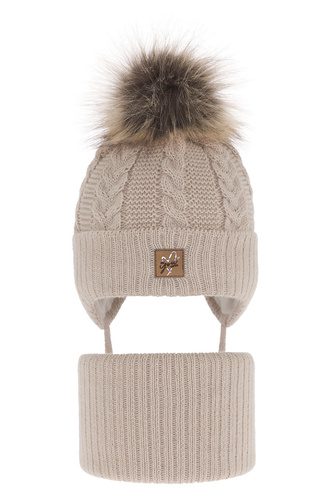 Flicka vinter set: mössa och halsduk, beige, med pompom, Finess
