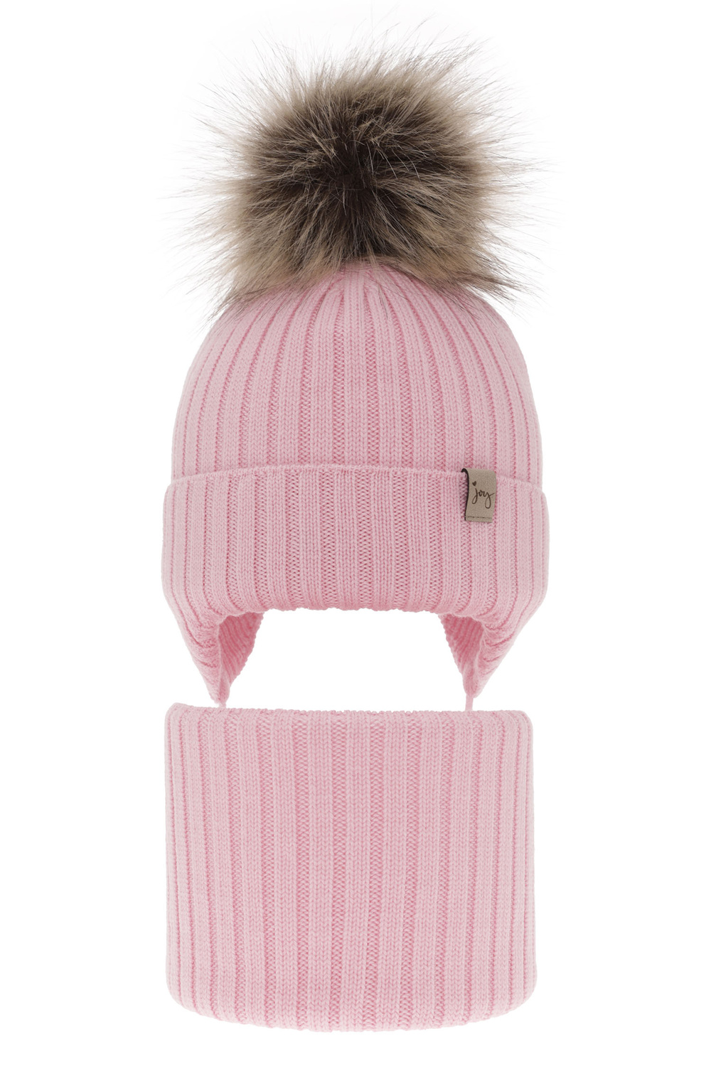 Flicka vinter set: mössa och halsduk, rosa, med knytband, 100% Merino Ull, Junika