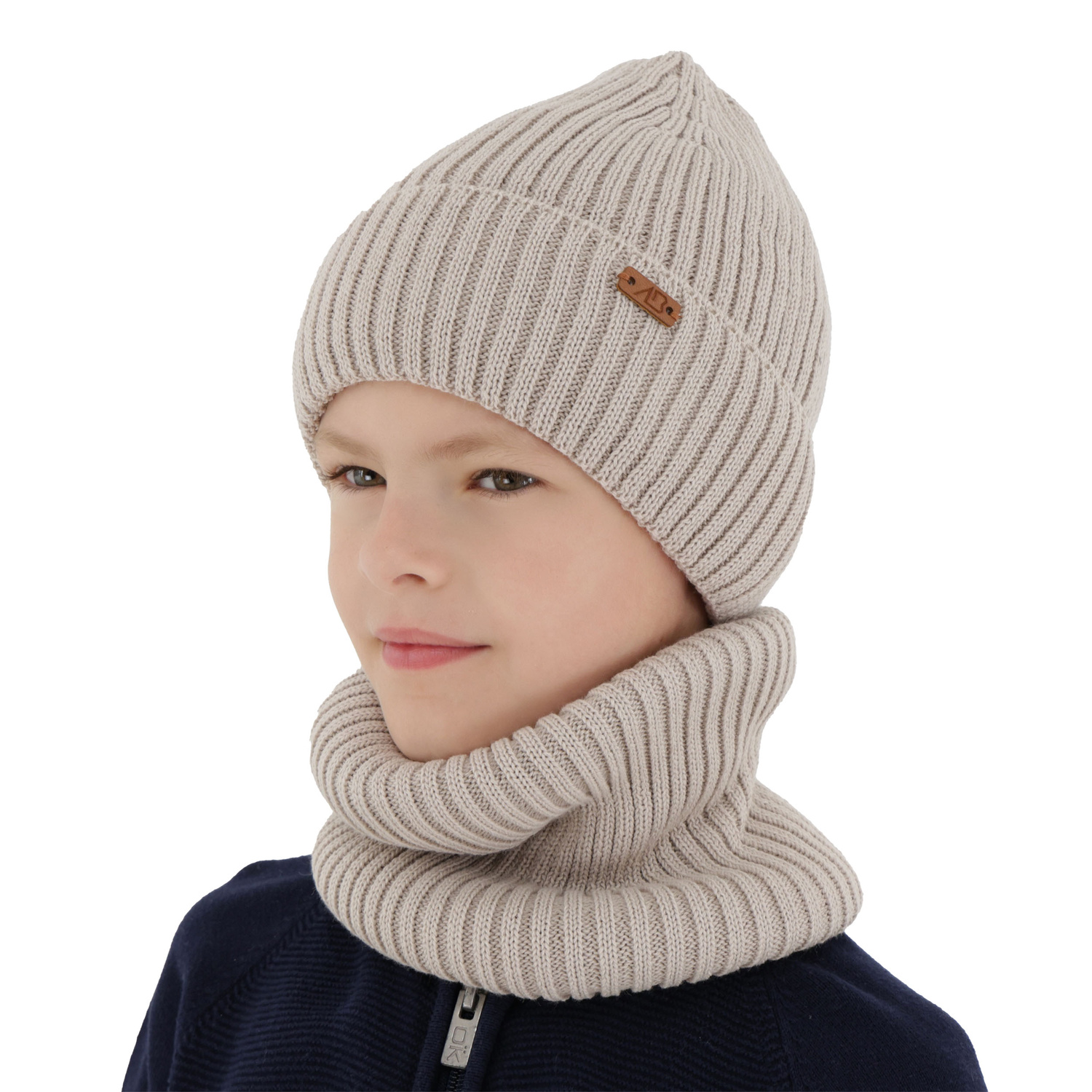 Pojke vinter set: mössa och tubhalsduk, beige, med merinull, Palermo