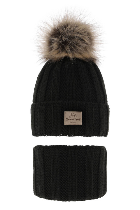 Flicka vinter set: mössa och tubhalsduk, svart, med pompom, Kaliope