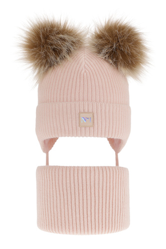Flicka vinter set: mössa och halsduk, rosa, med två pompommar, knytband, Kiara