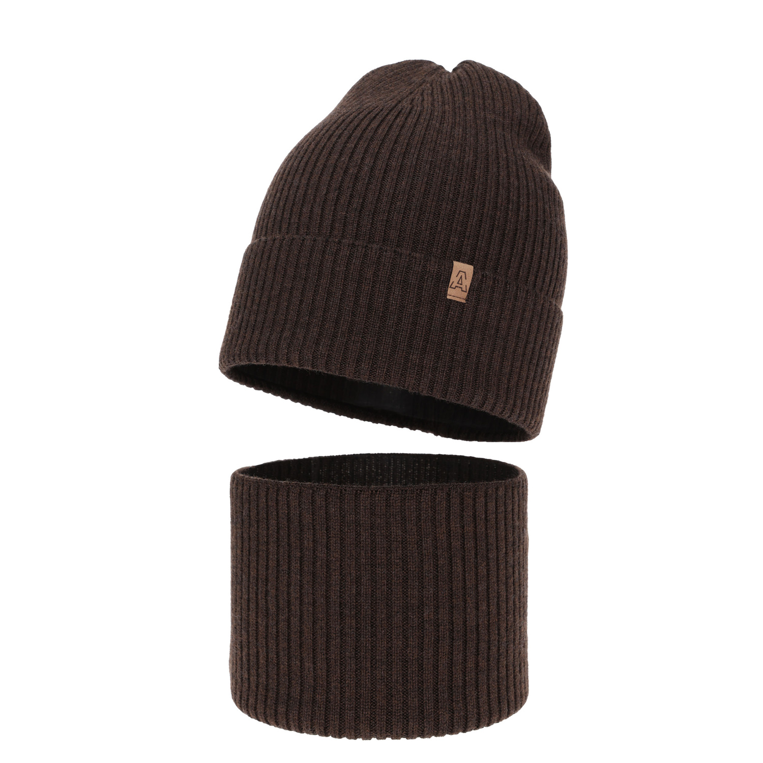 Pojke höst/vår set: mössa och tubhalsduk, brun, 100% Merino Ull, Lemas