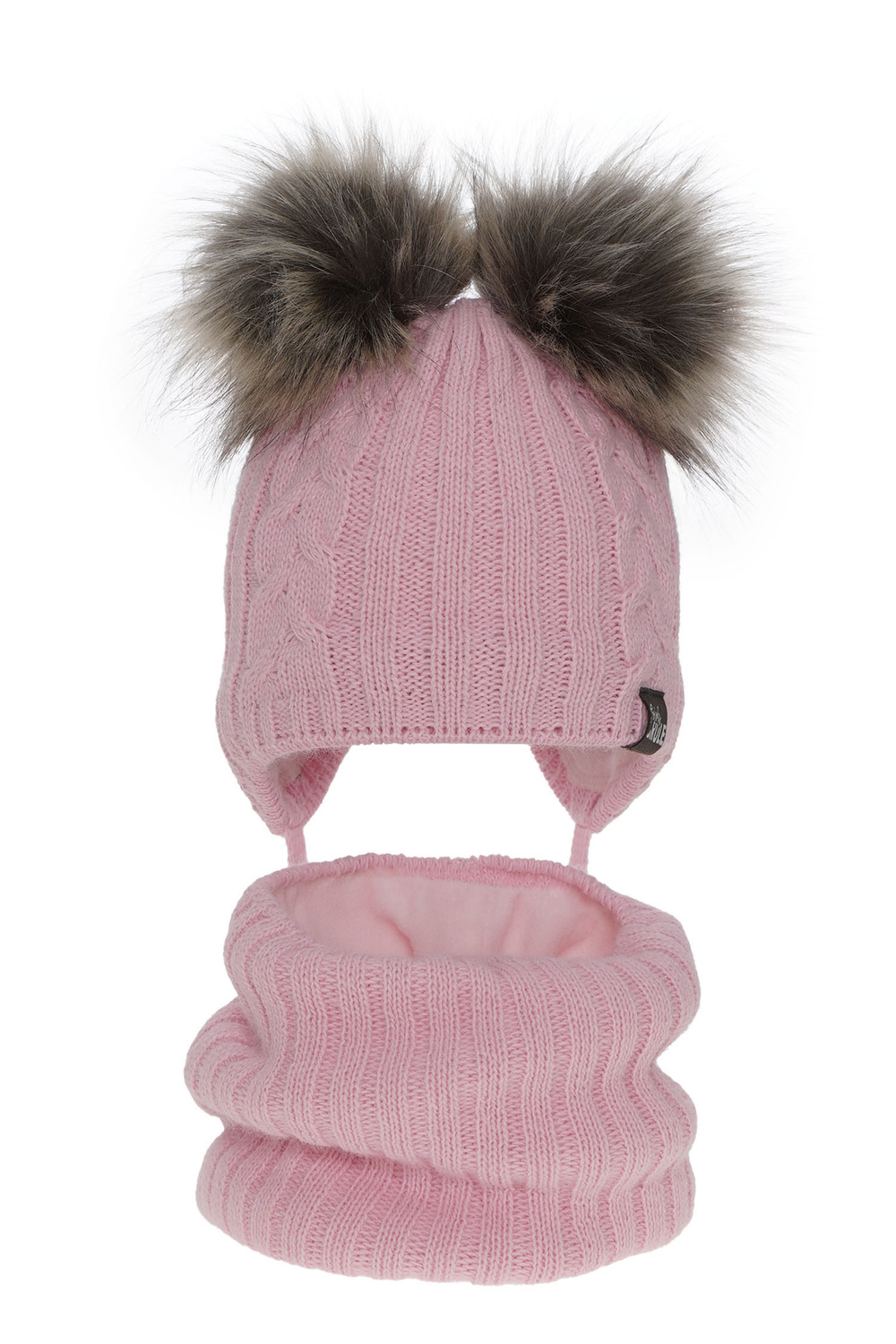 Flicka vinter set: mössa och tubhalsduk, rosa, med två pompommar, Marlen