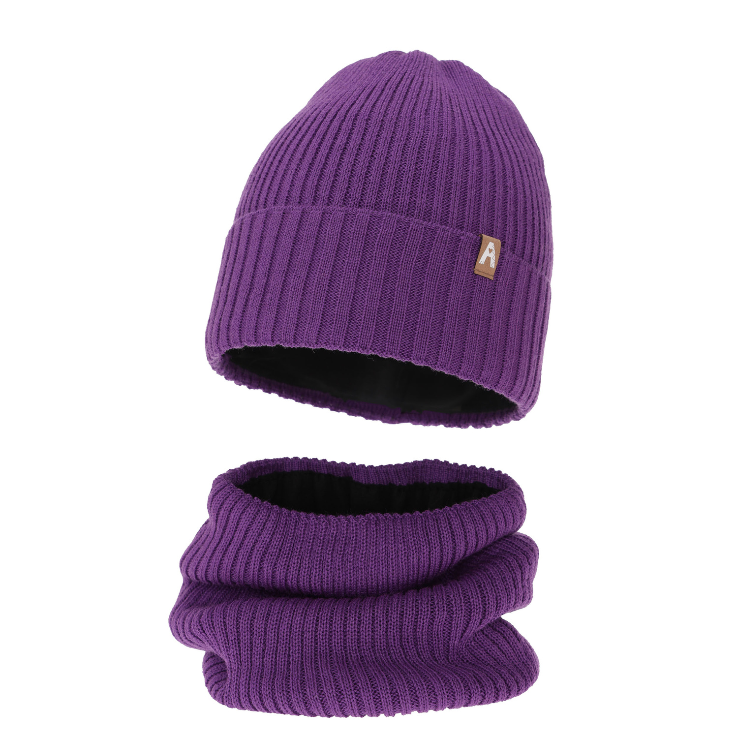 Flicka vinter set: mössa och tubhalsduk, lila, fodrad med fleece, med merinull, Peggy