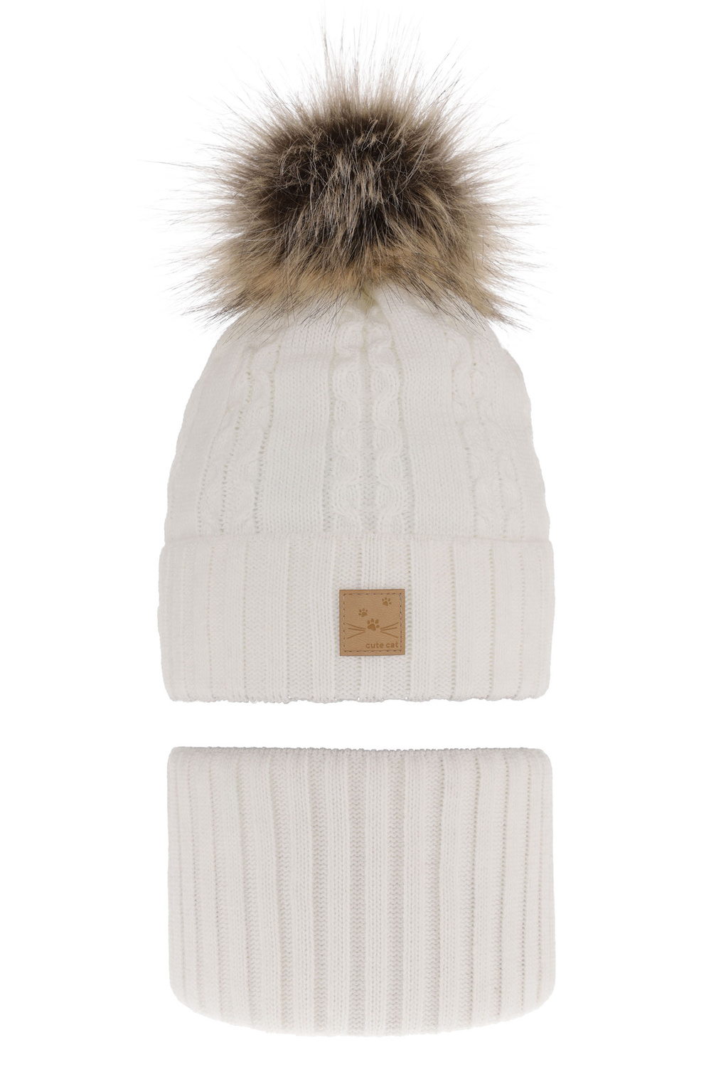 Flicka vinter set: mössa och halsduk, vit, med pompom, Alexia