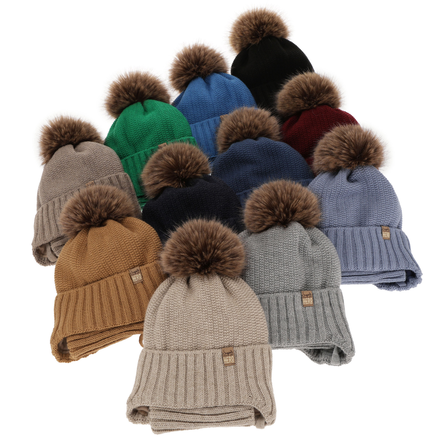 Pojke vinter set: mössa och halsduk, camel, med pompom, Kayen