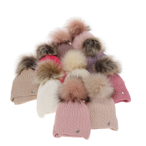 Flicka vinter set: mössa och halsduk, beige, med pompom, Amana