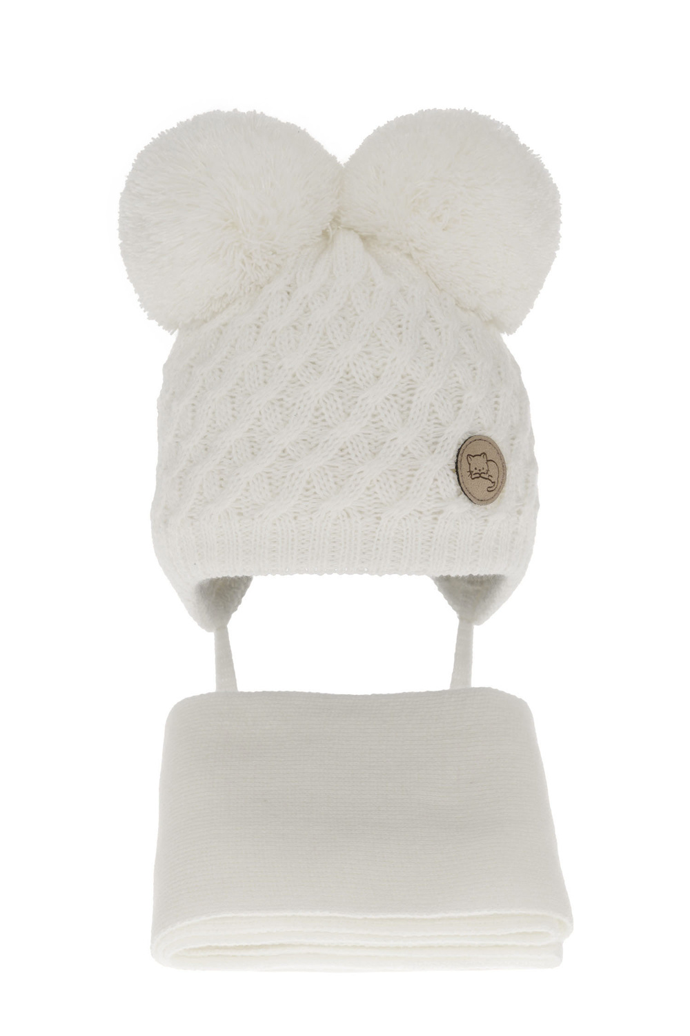 Flicka vinter set: mössa och halsduk, vit, med två pompommar, med knytband, Anava