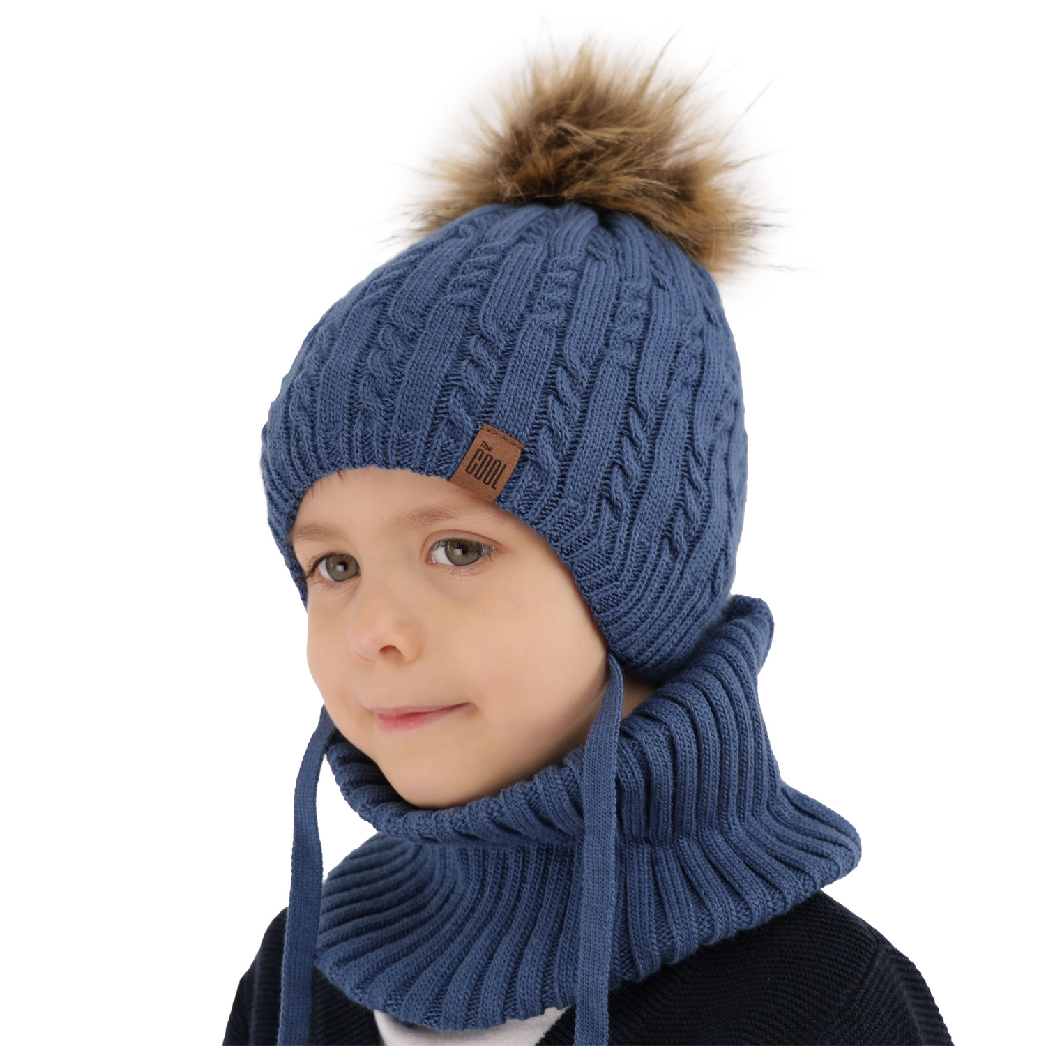 Pojke vinter set: mössa och halsduk, grå, med pompom, knuten, Indigo