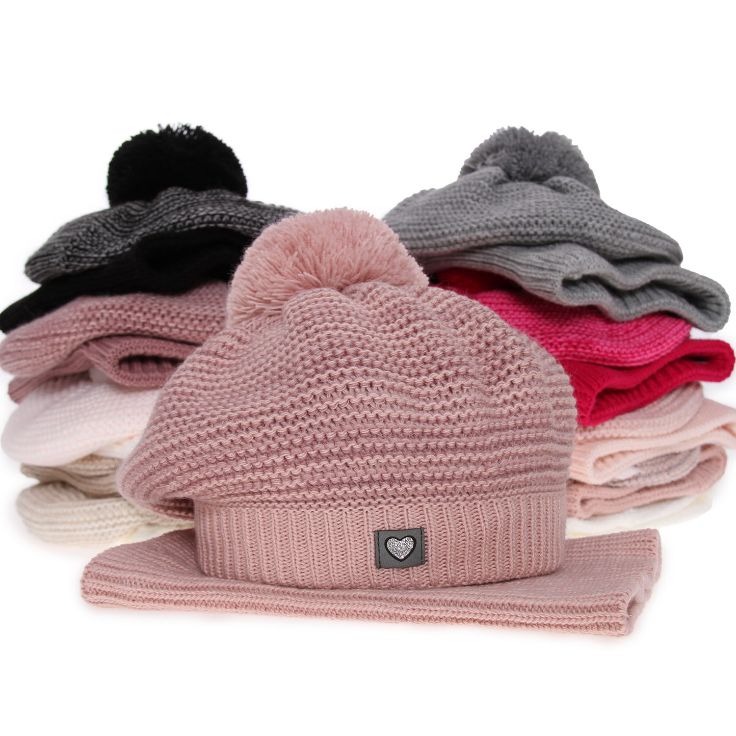 Flicka vinter set: mössa och halsduk, rosa, med pompom, Lira