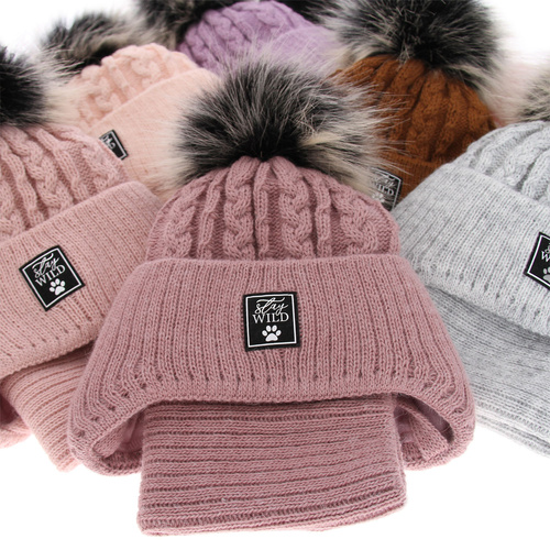 Flicka vinter set: mössa och tubhalsduk, wrzosowy, med knytband, med pompom, Melodia