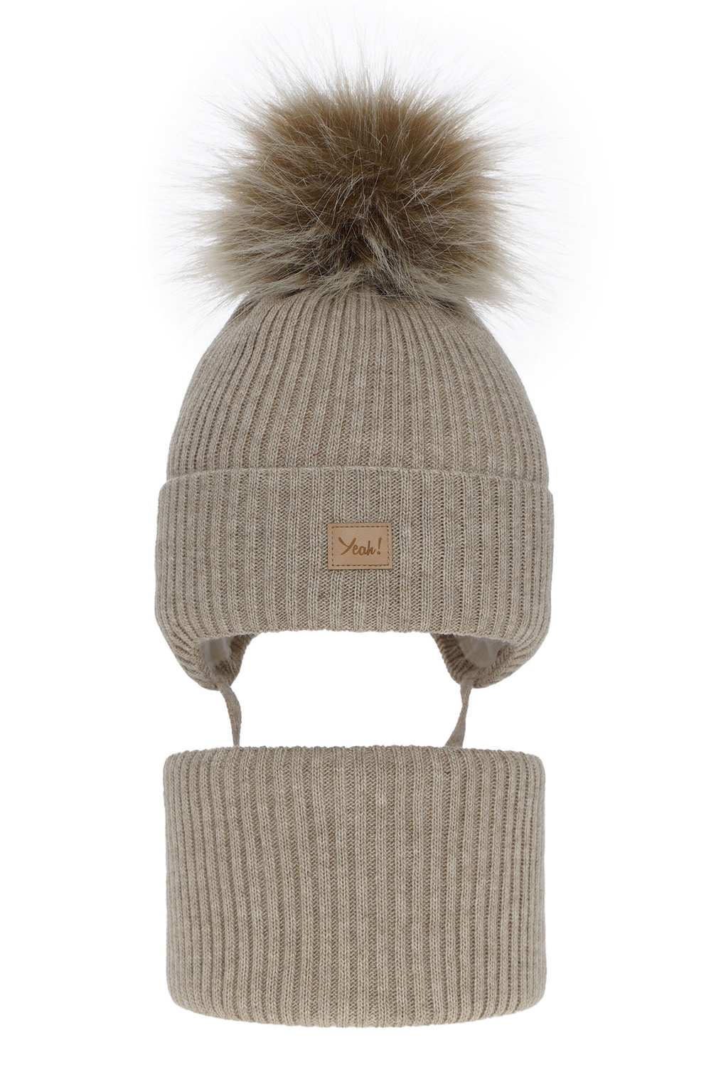 Flicka vinter set: mössa och tubhalsduk, beige, med pompom, Dilajla
