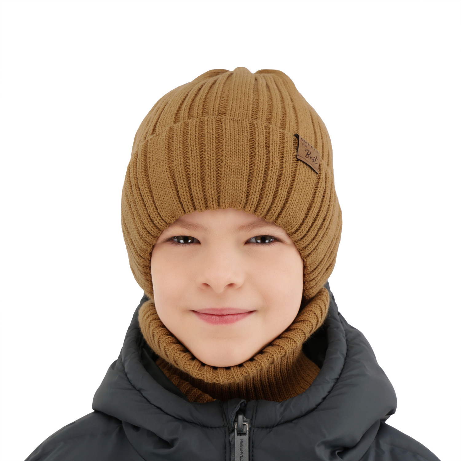 Pojke vinter set: mössa och tubhalsduk, camel, Klaris