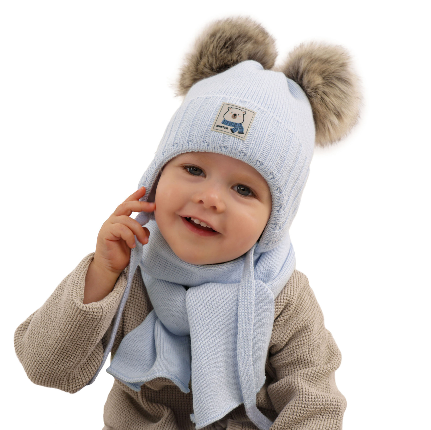 Pojke vinter set: mössa och halsduk, kremowy, med två pompommar, knytband, Jewel