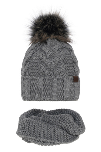Flicka vinter set: mössa och tubhalsduk, grå, med pompom, Torina