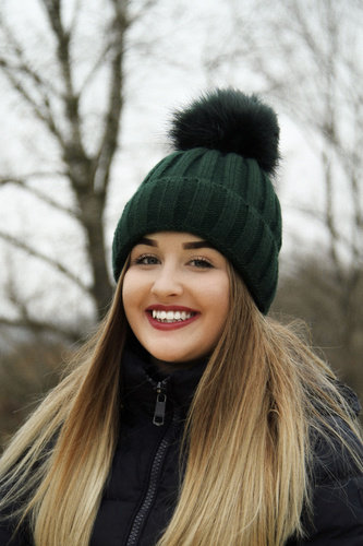 Dam vintermössa, beige, med pompom, Mokka