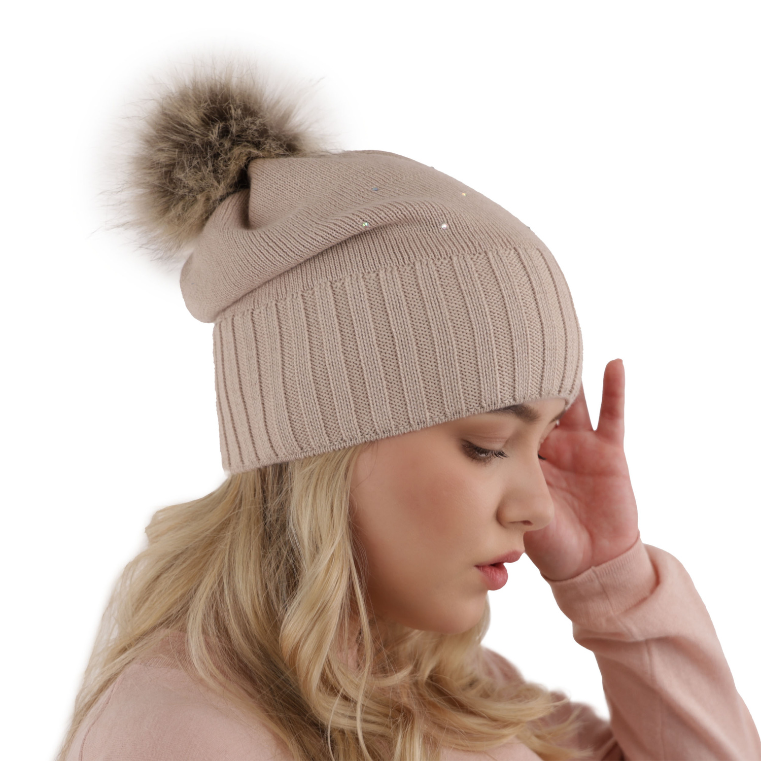Dam vintermössa, rosa, med pompom, med merinull, Malga
