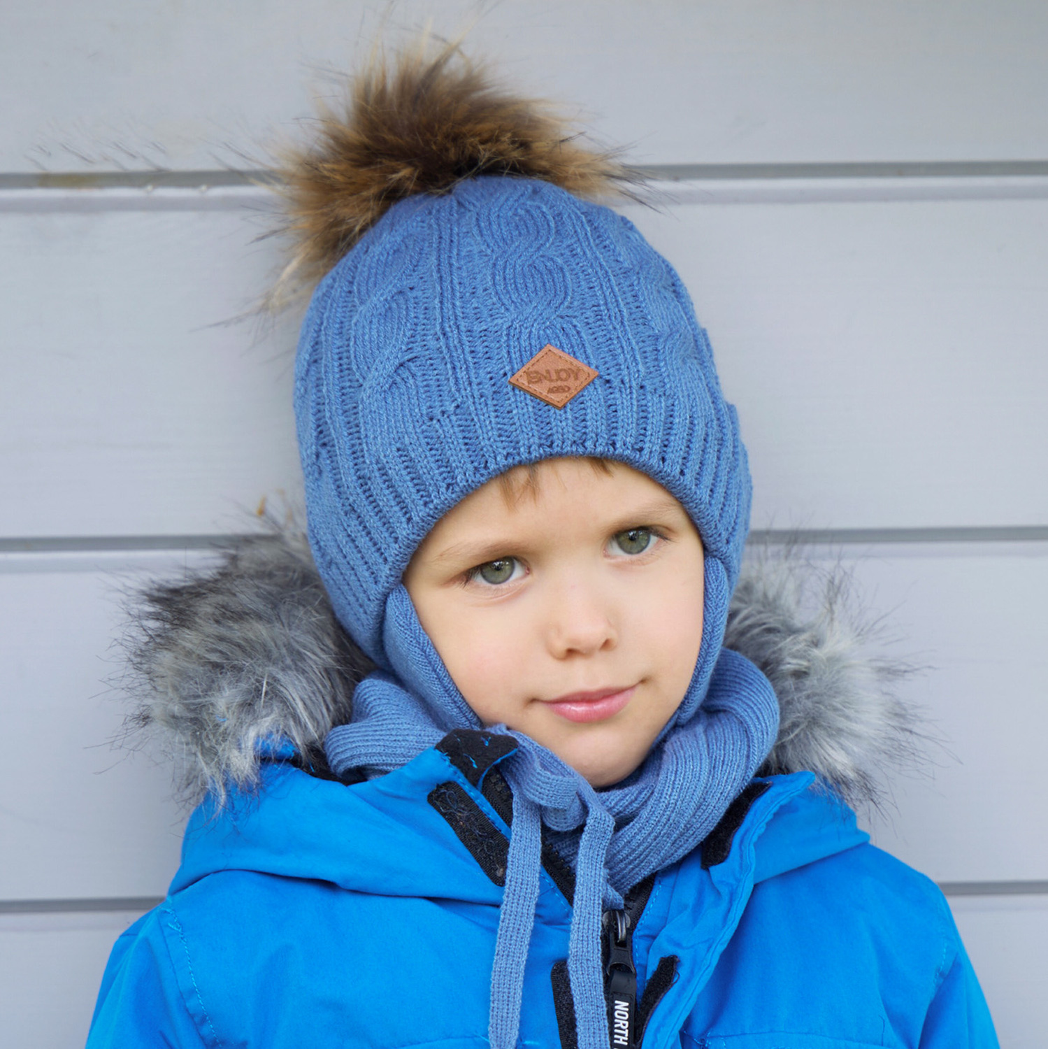 Pojke vinter set: mössa och halsduk, blå, med pompom, Minor