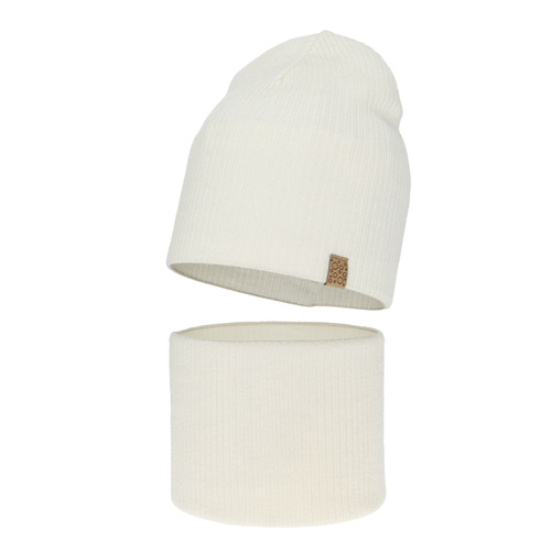 Flicka höst/vår set: mössa och tubhalsduk, vit, 100% Merino Ull, Ricona