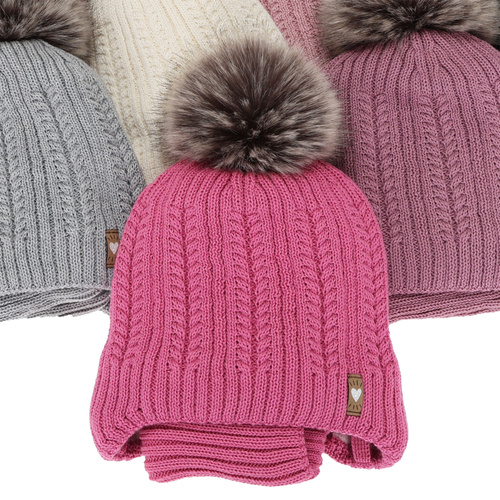 Flicka vinter set: mössa och halsduk, rosa, med merinull, med pompom, wiązany, Muanda