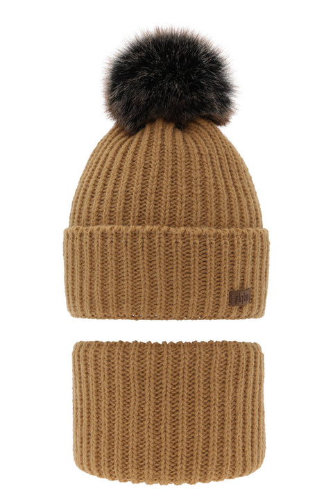 Pojke vinter set: mössa och halsduk, camel, med pompom, Wonder