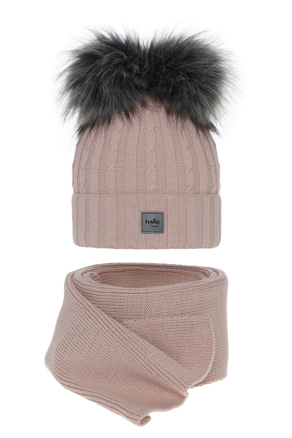 Flicka vinter set: mössa och halsduk, rosa, med två pompommar, Zenda