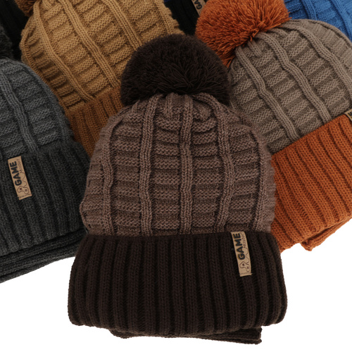 Pojke vinter set: mössa och halsduk, camel, med pompom, Leo