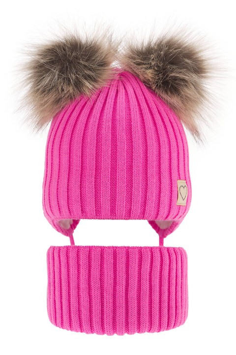 Flicka vinter set: mössa och halsduk, rosa, med två pompommar, wiązany, Telisa