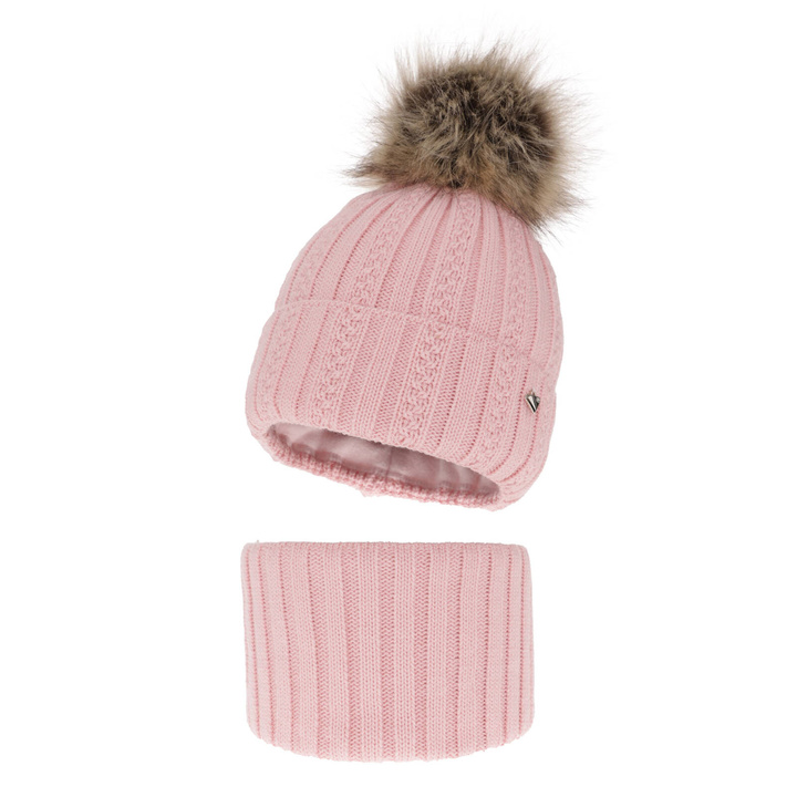 Flicka vinter set: mössa och tubhalsduk, rosa, med pompom, Wirginia