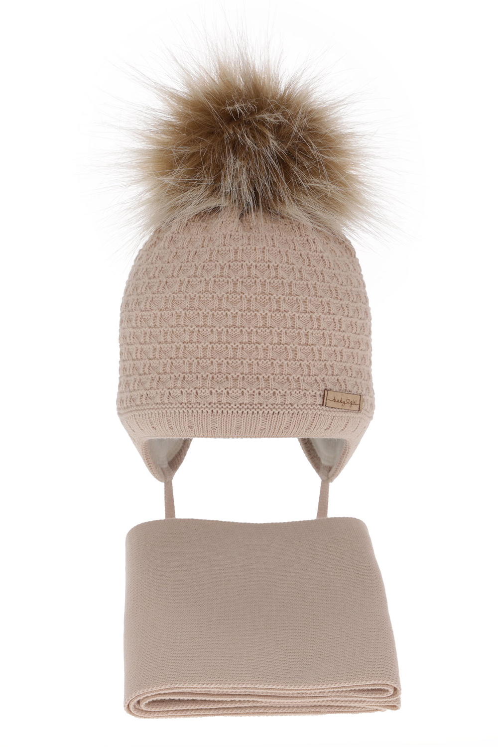 Flicka vinter set: mössa och halsduk, beige, med pompom, Clotilde