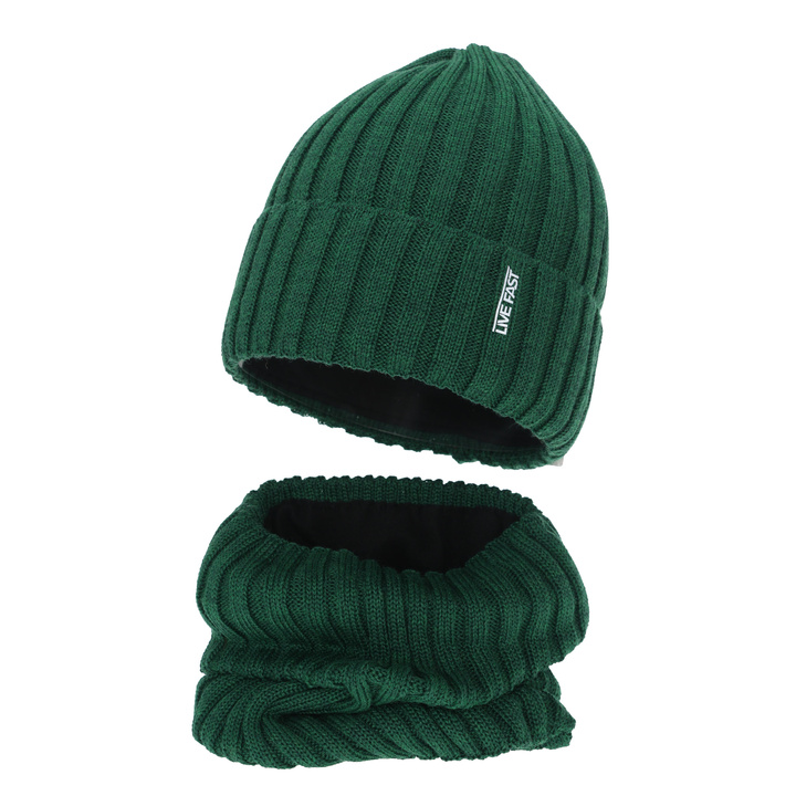Pojke vinter set: mössa och tubhalsduk, grön, med merinull, fodrad med fleece, Banasko