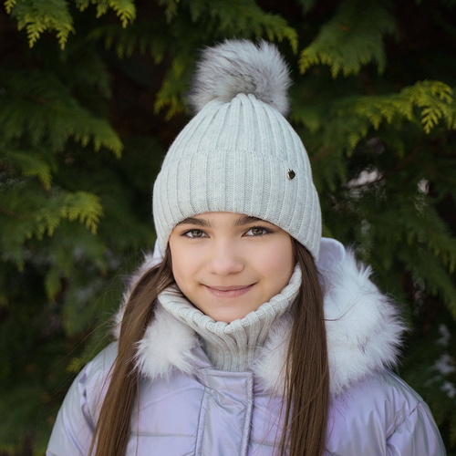 Flicka vinter set: mössa och tubhalsduk, grå, med pompom, Wilma
