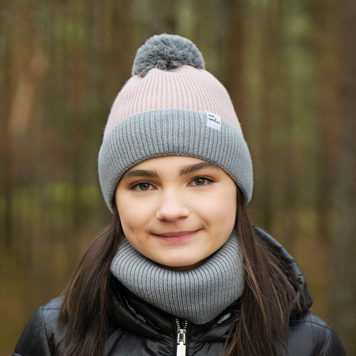 Flicka vinter set: mössa och tubhalsduk, grå, med pompom, Rosalin