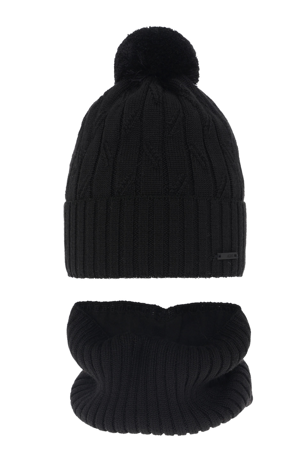 Pojke vinter set: mössa och tubhalsduk, svart, med pompom, med merinull, Talar