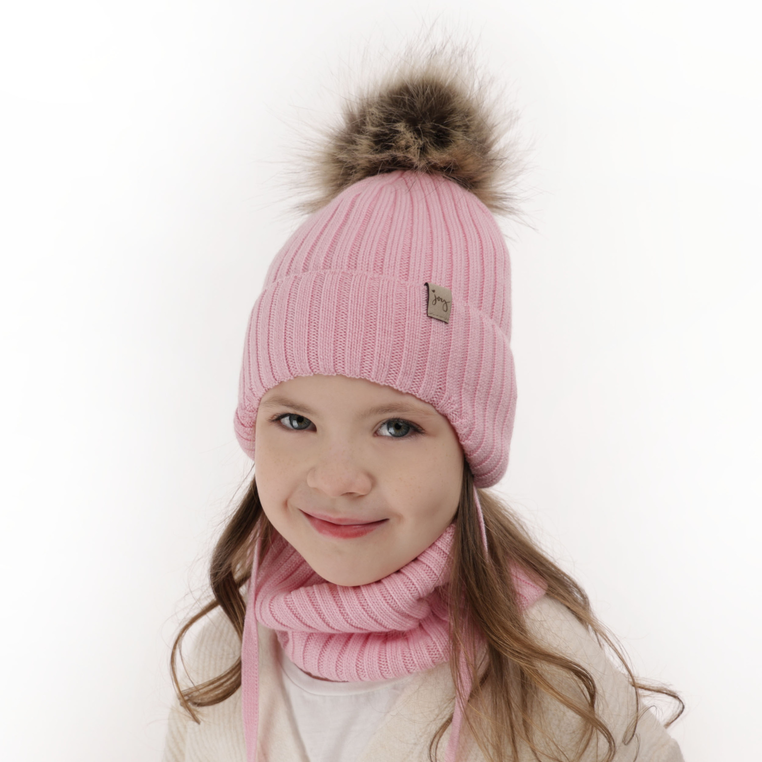 Flicka vinter set: mössa och halsduk, vit, med knytband, 100% Merino Ull, Junika