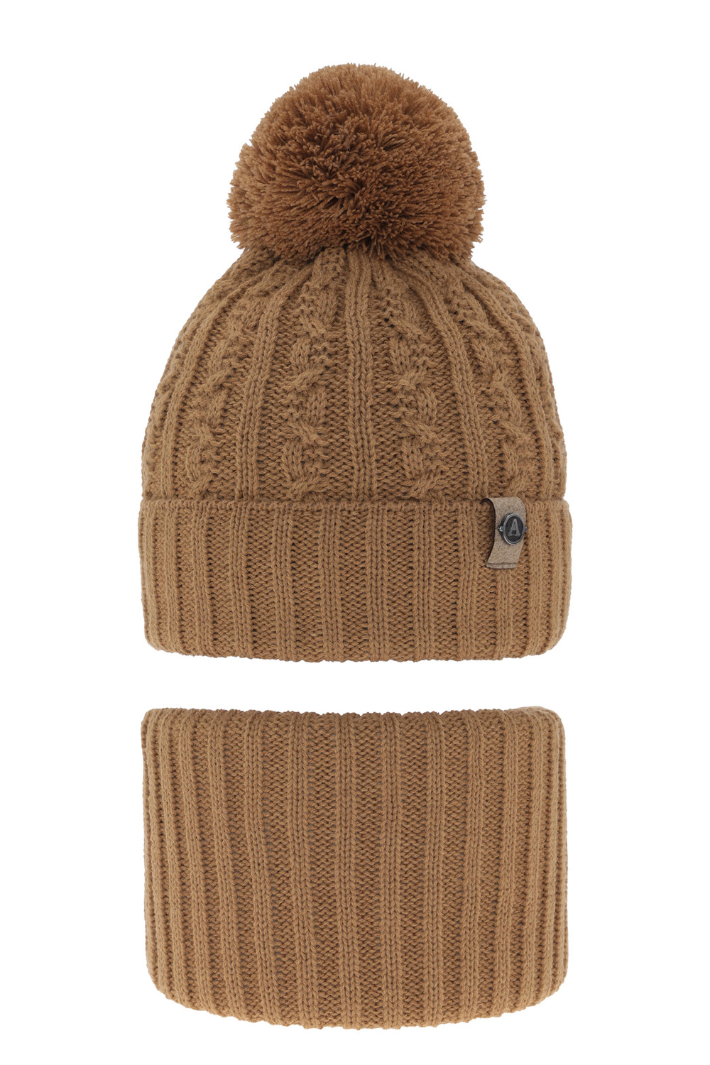 Pojke vinter set: mössa och halsduk, camel, med pompom, Almond