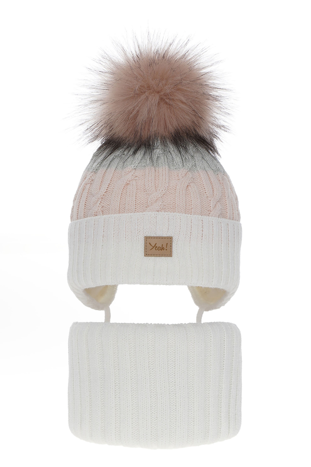 Flicka vinter set: mössa och tubhalsduk, creme, med pompom, knytband, Riviera