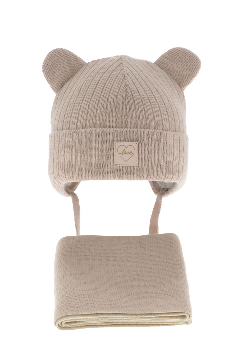 Flicka vinter set: mössa och halsduk, beige, med knytband, Antola