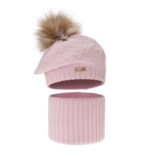 Flicka vinter set: basker och tubhalsduk, lila, med pompom, Atene