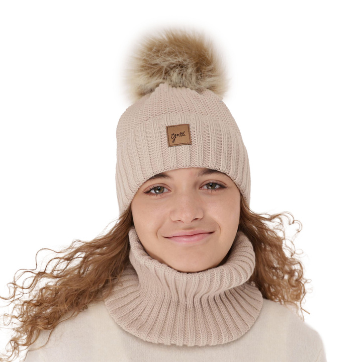 Flicka vinter set: mössa och tubhalsduk, beige, med pompom, Juliette